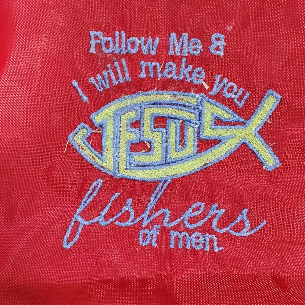 Red Fishers of Men Jesus Fish Embroidered Nylon Backpack Religious Bookbag